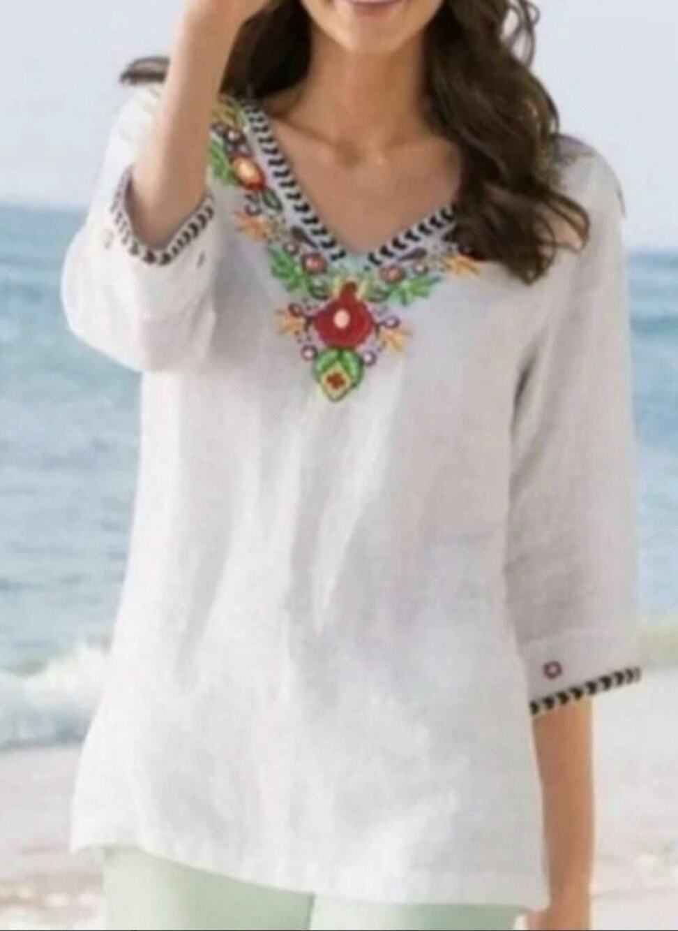 Soft Surroundings Large Fiesta Embroidered Beaded Linen Tunic V Neck Vacation